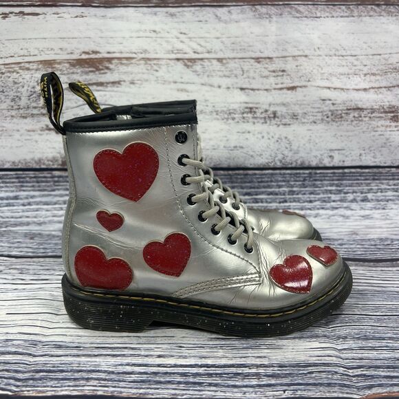 Dr Martens 1460 J Glitter Star Silver Heart Patent Leather Combat Boots, Youth 2 - Picture 1 of 7